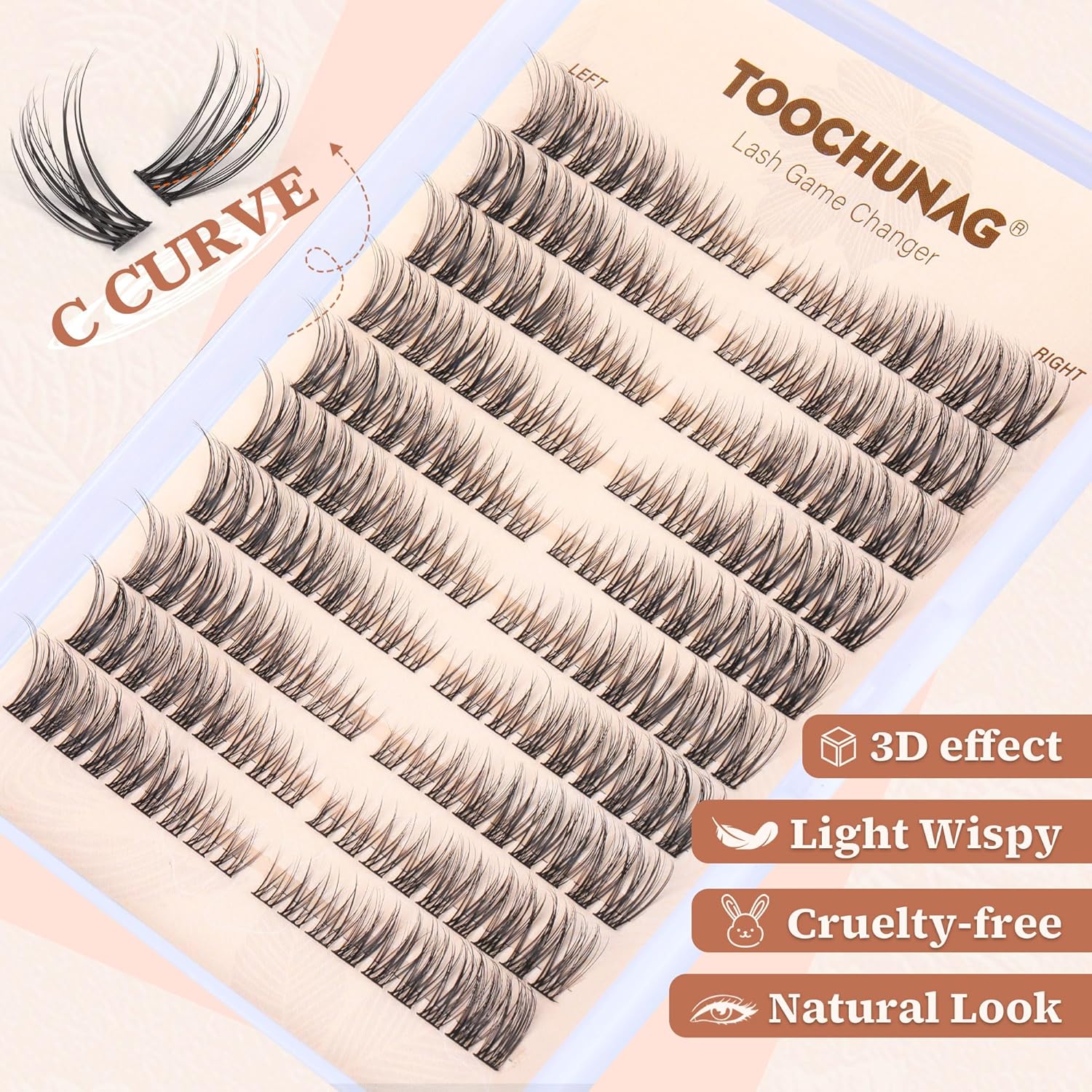 Natural Lash Clusters Wispy Eyelash Clusters C Curl Left&Right Cluster Eyelashes Extensions 180pcs Cluster Lashes DIY Individual Lash Extension Thin Band Cat Eye Lashes by TOOCHUNAG - Image 3