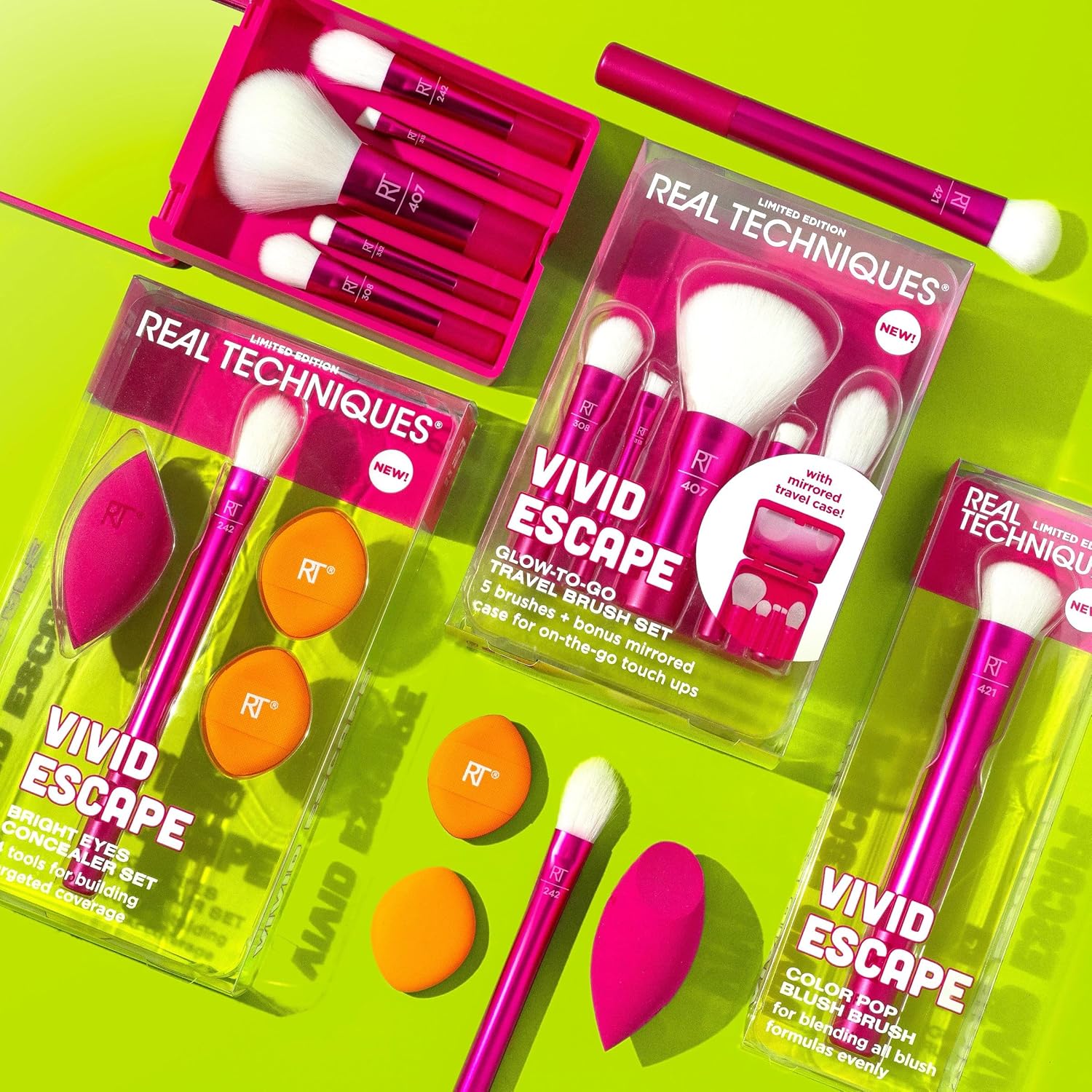 Real Techniques Vivid Escape Glow-To-Go Travel Makeup Brush 6 Piece Set, Mini Size Makeup Brushes For Eyeshadow, Concealer, Contour, & Blush, Includes Mirror Cosmetic Case, Cruelty-Free & Vegan - Image 7