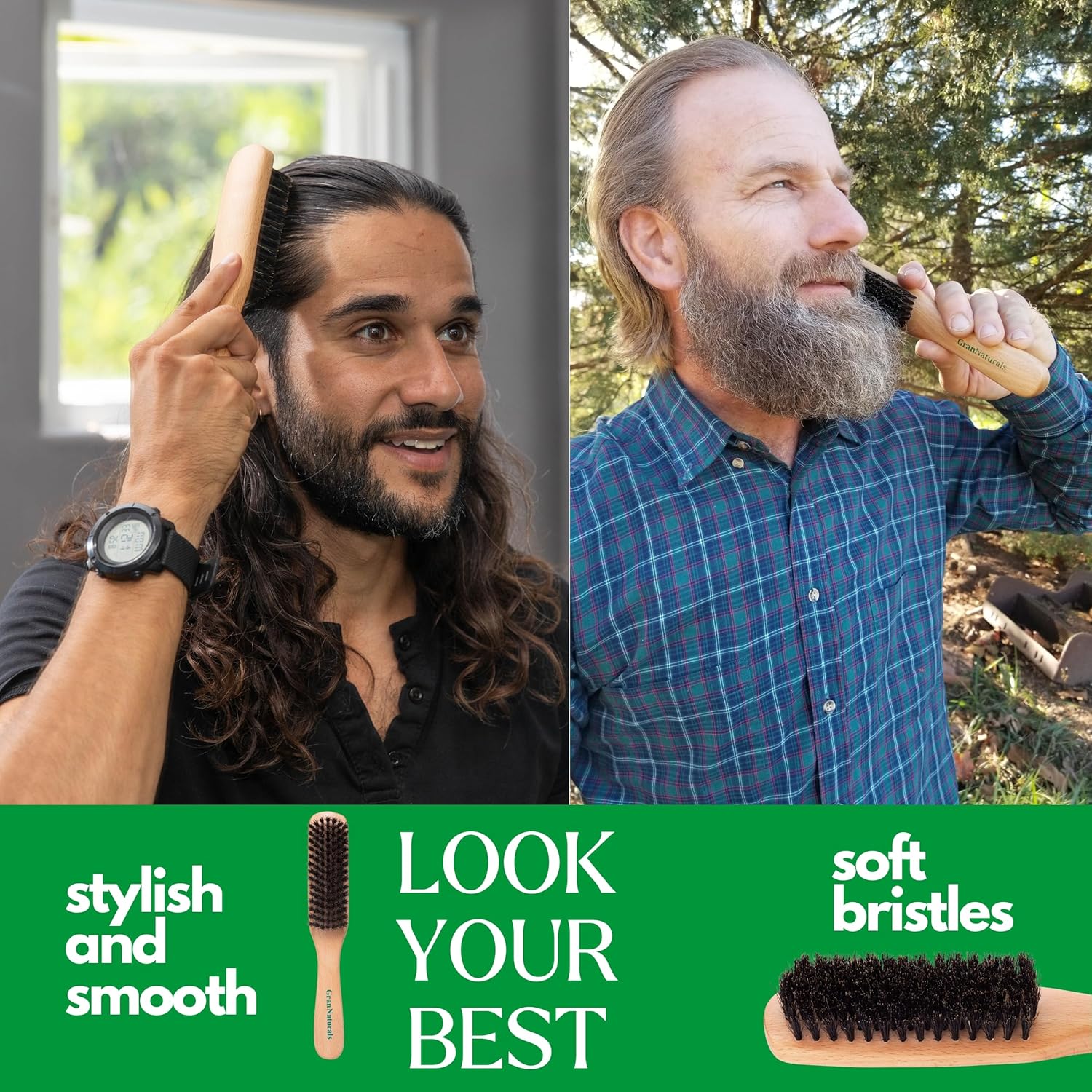GranNaturals Boar Bristle Slick Back Hair Brush - Soft/Medium Smoothing Hairbrush to Style, Polish, & Lay Hair Down Flat to Create a Sleek Frizz Free Hairstyle for Women and Men - Wooden Handle - Image 6