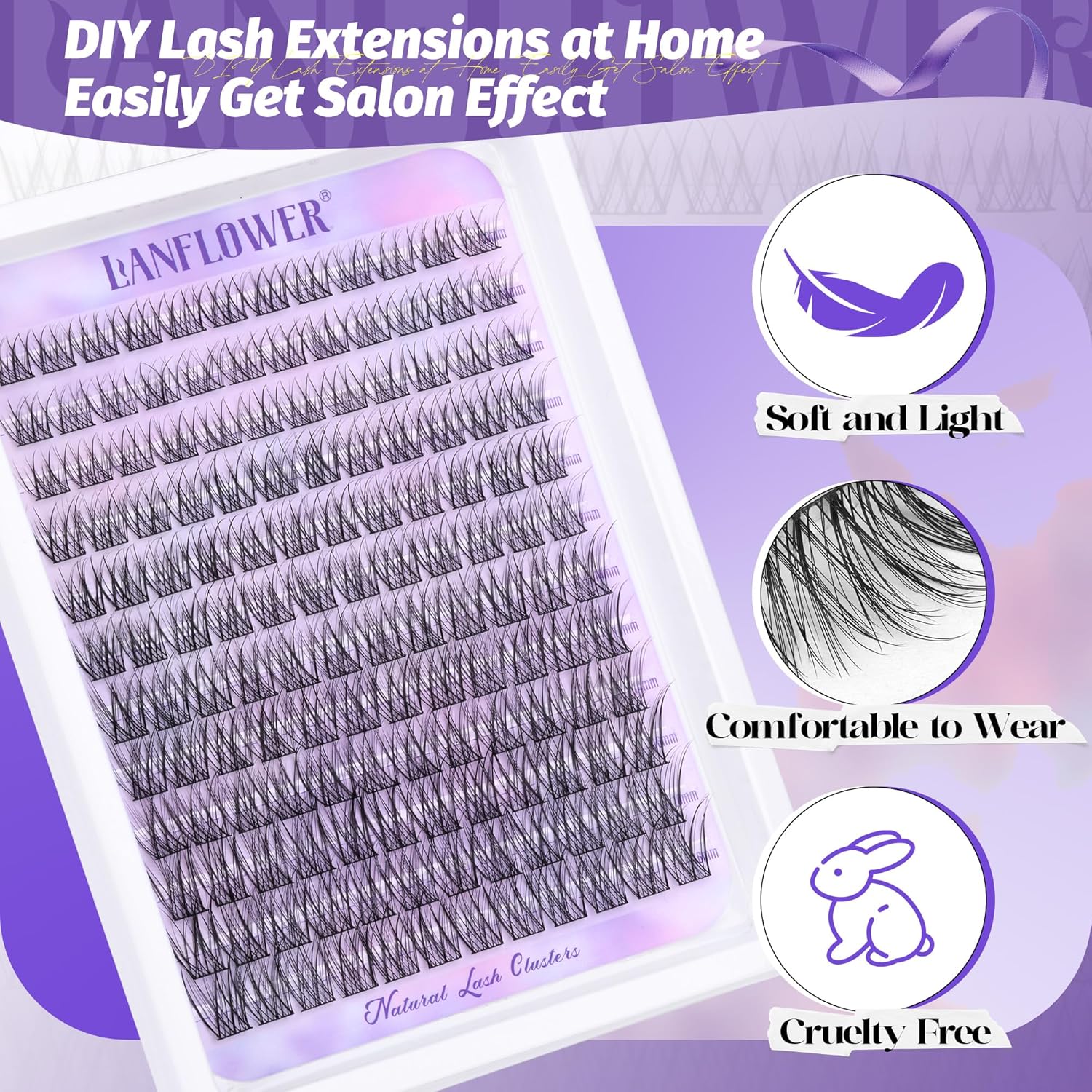 Natural Lash Clusters Kit Wispy Lash Extension Kit Waterproof Lash Clusters C Curved Cluster Eyelash Extensions Kit 144pcs Individual Lashes 10-16mm Eyelash Extension Kit by Lanflower - Image 4