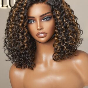 LUVME HAIR Mix Color Highlight 12 Inch Curly Wig, Glueless HD Lace Wigs Human Hair Pre Plucked Pre Cut, Curly Bob Wig Human Hair Short Wig with Blonde Highlights Ready to Go Wig