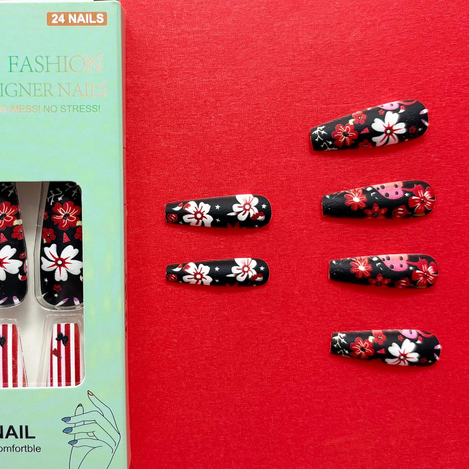Flower 4th of July Press on Nails Long Coffin Fake Nails American Flag Striped Stars with Black Designs Patriotic False Nails Full Cover Independence Day Press Ones Nails for Women Manicure 24PCS - Image 4