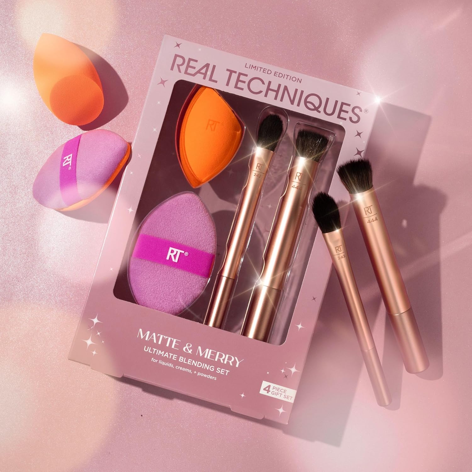 Real Techniques Matte & Merry Ultimate Blending 4 Piece Holiday Gift Set, Foundation Makeup Sponge, Dual-Sided Powder Puff, & 2 Makeup Brushes, Kitten Paw Brush, Stocking Stuffer, Limited Edition - Image 6