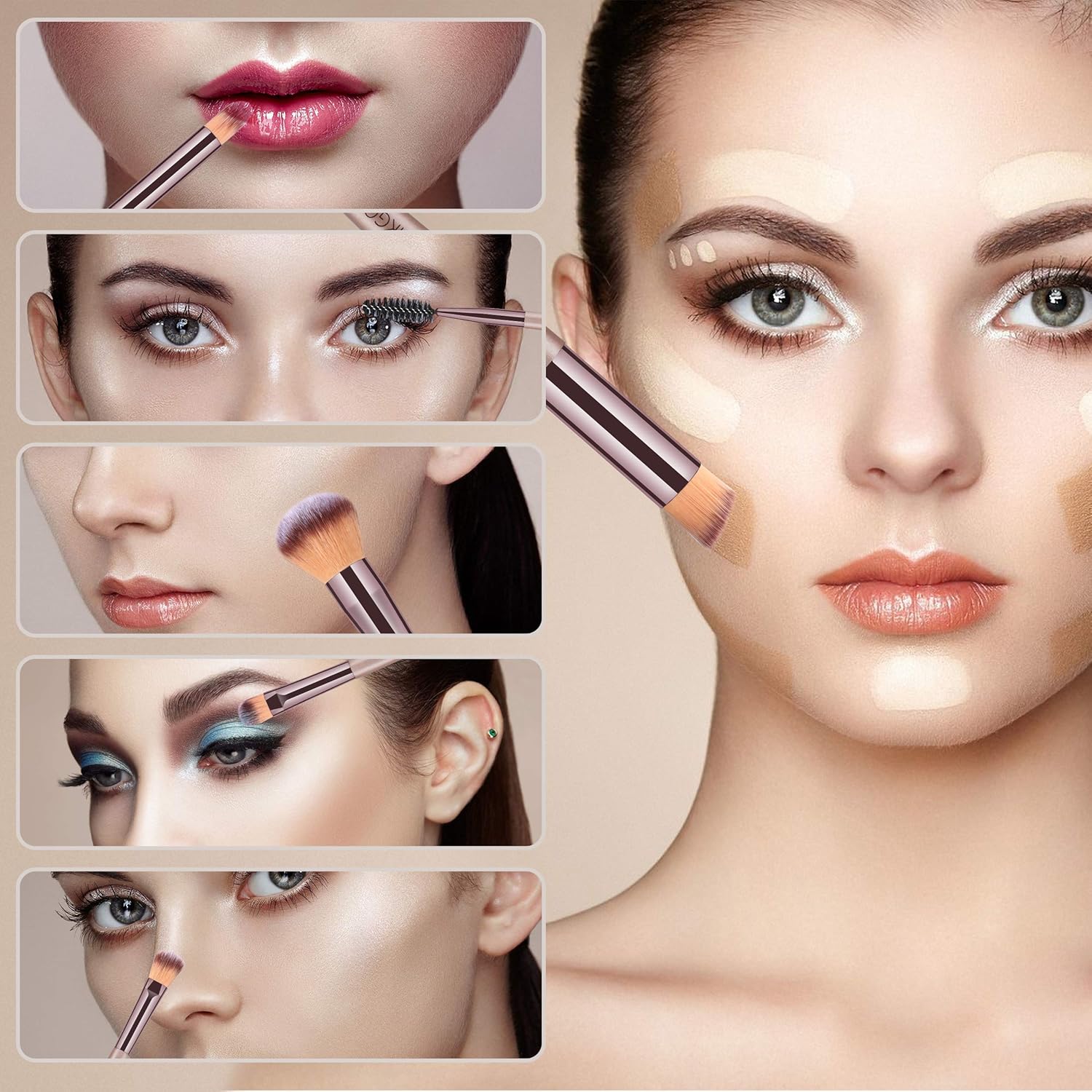 HEYMKGO Makeup Brushes 15PCS Champagne Gold Professional Makeup Brush Set Foundation Brush Blending Powder Blush Concealer Eye Make Up Brush with Bag - Image 7