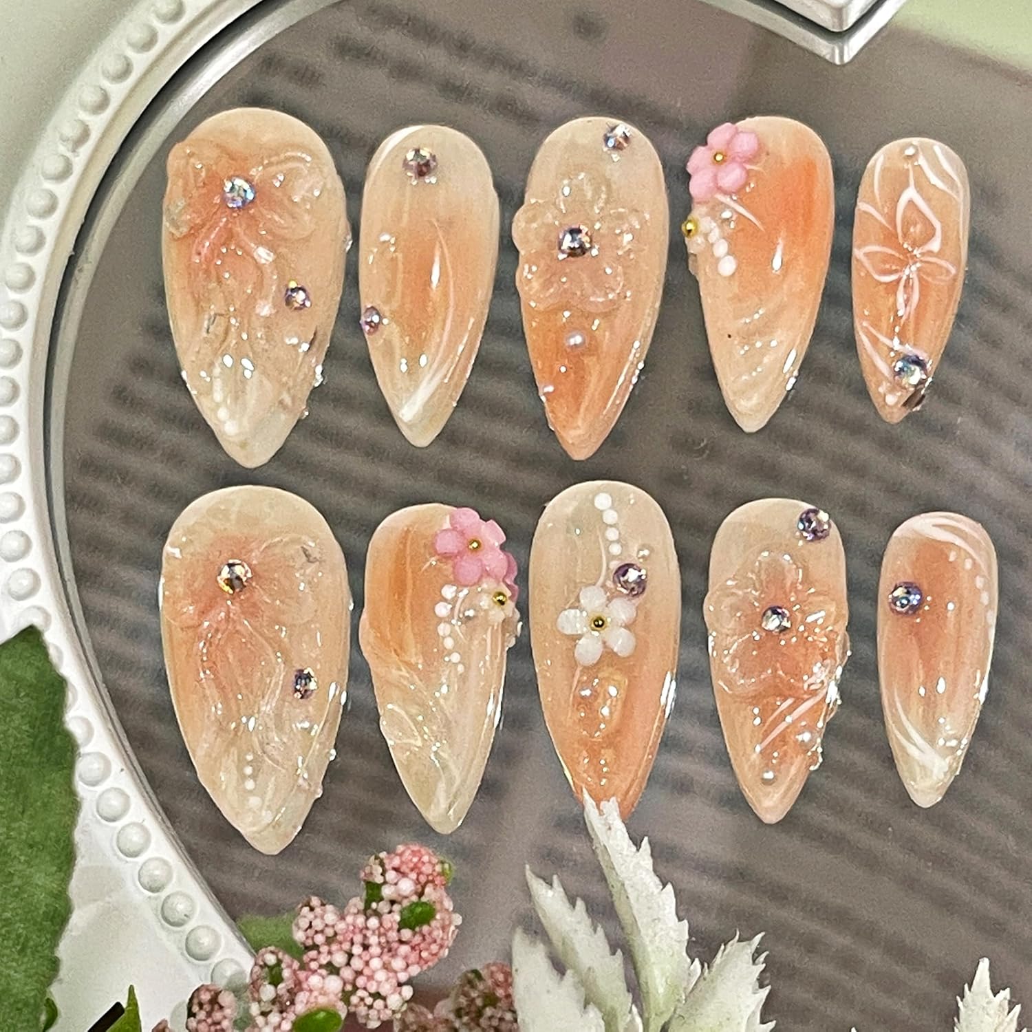Set 10Pcs -Clear -Gel 3D -Flowers -Nails -Charms Plain No Rhinestone Gems Handmade by Gel, Design For Medium & Long Nail, 3D Flower Nail Art Floral Salon Decor For Women(Medium, ApricotBlossom Clear) - Image 4