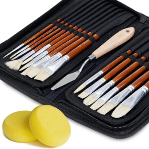 DUGATO Artist Paint Brush Set (15pc) - Hog Bristle Brushes for Oil, Acrylic, Gouache, Watercolor - Includes Pop-Up Case, Palette Knife & Sponges - Professional Art Supplies