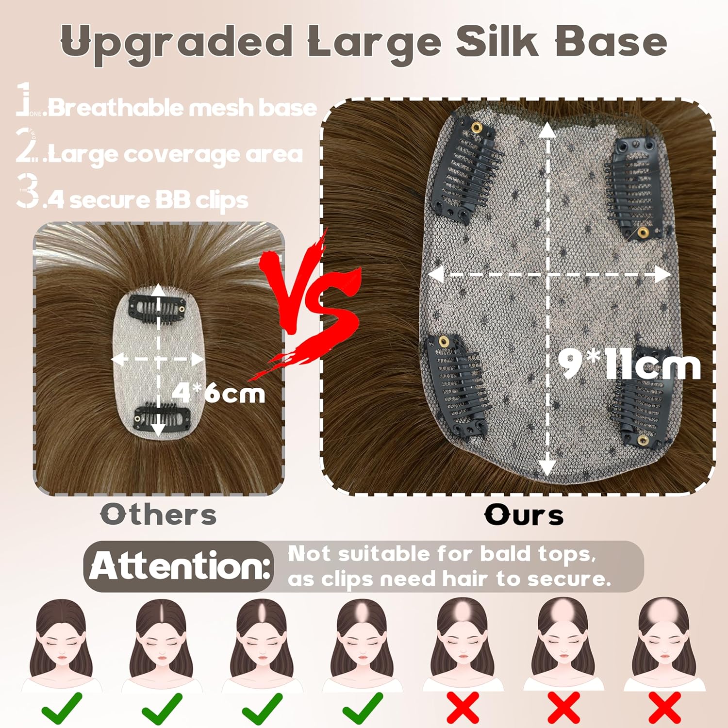 Hair Toppers for Women Real Human Hair-U Shape Toppers Hair Pieces for Women with Thinning Hairr 150% Density Silk Base Clip in Human Topper with Bangs for Daily Use(Brown - Image 2