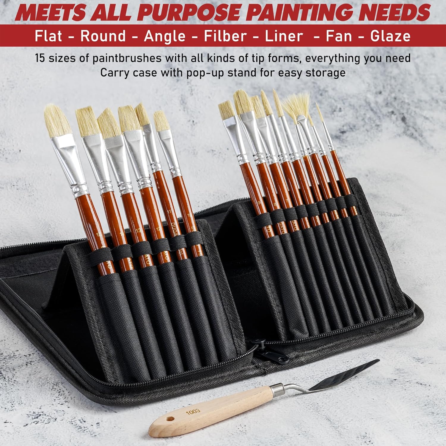 DUGATO Artist Paint Brush Set (15pc) - Hog Bristle Brushes for Oil, Acrylic, Gouache, Watercolor - Includes Pop-Up Case, Palette Knife & Sponges - Professional Art Supplies - Image 3