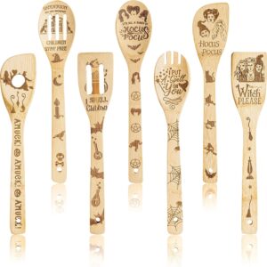 Eartim 7Pcs Halloween Hocus Pocus Theme Wooden Spoons Slotted Spatula Set, Carve Burned Bamboo Kitchen Cookware Gadget Kit Non-Stick Cooking Utensils Fun Gift Idea for Family Friend Housewarming Gift