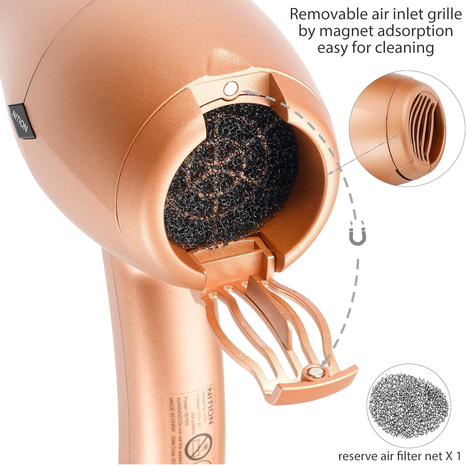 NITION Negative Ions Ceramic Hair Dryer with Diffuser(Large Size 5.3 inch) Attachment Ionic Blow Dryer Quick Drying,1875 Watt 2 Speed / 3 Heat Settings,Cool Shot Button,Lightweight,Gold - Image 6