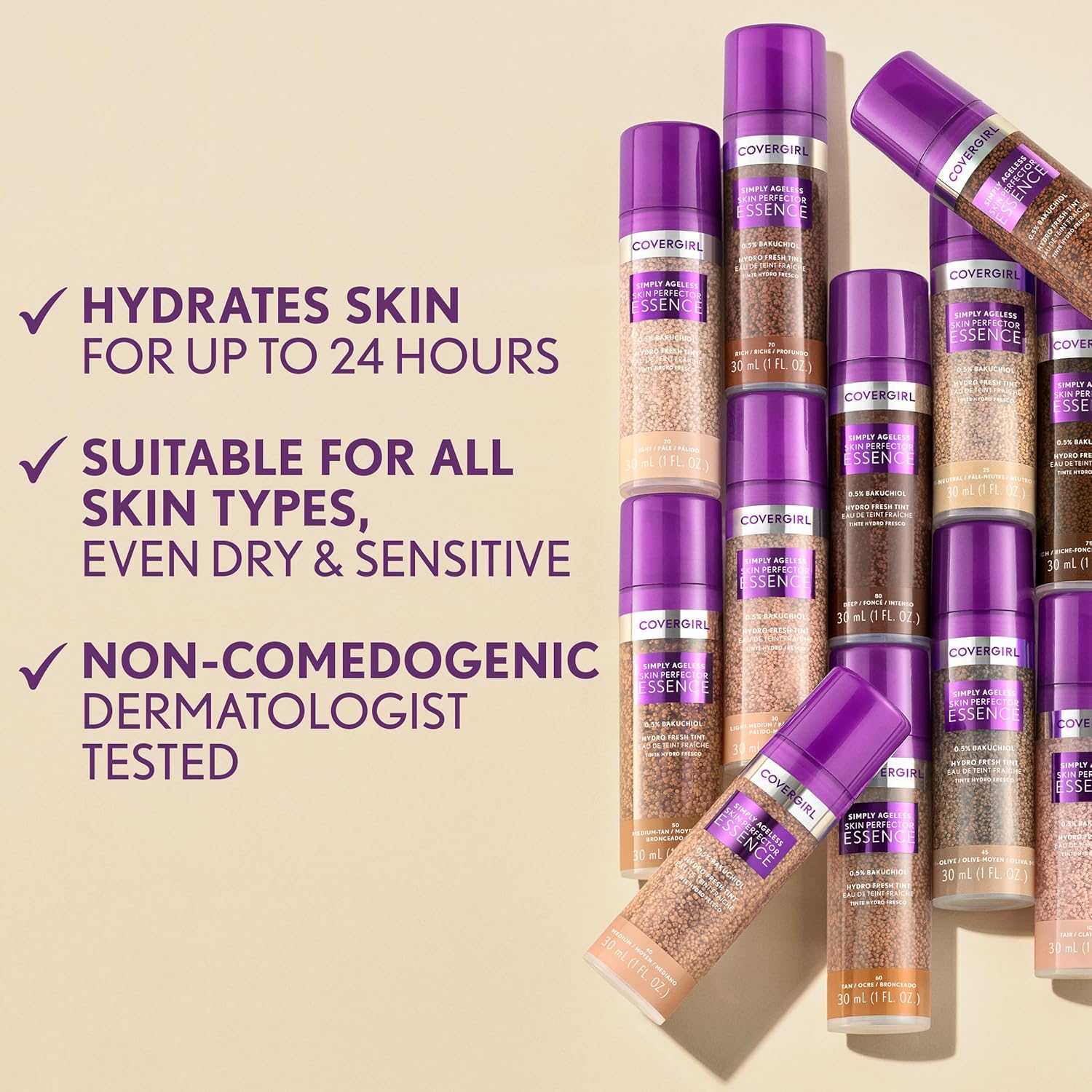 Covergirl Simply Ageless Skin Perfector Essence Foundation, 50 Medium-Tan, Tinted Skincare Makeup Hybrid, Sheer Tint, Radiant Finish, Glowy Finish, Vegan Formula, 1.0oz - Image 5