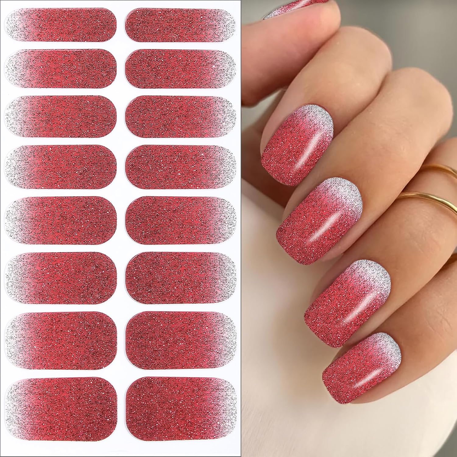 8 Sheets Gradient Glitter Nail Wraps Full Stickers Nail Polish Strips, DIY Self-Adhesive Fashion Color Nail Art Decals Party Women Decor with 1 Pcs Nail Files (128 Pieces) - Image 2