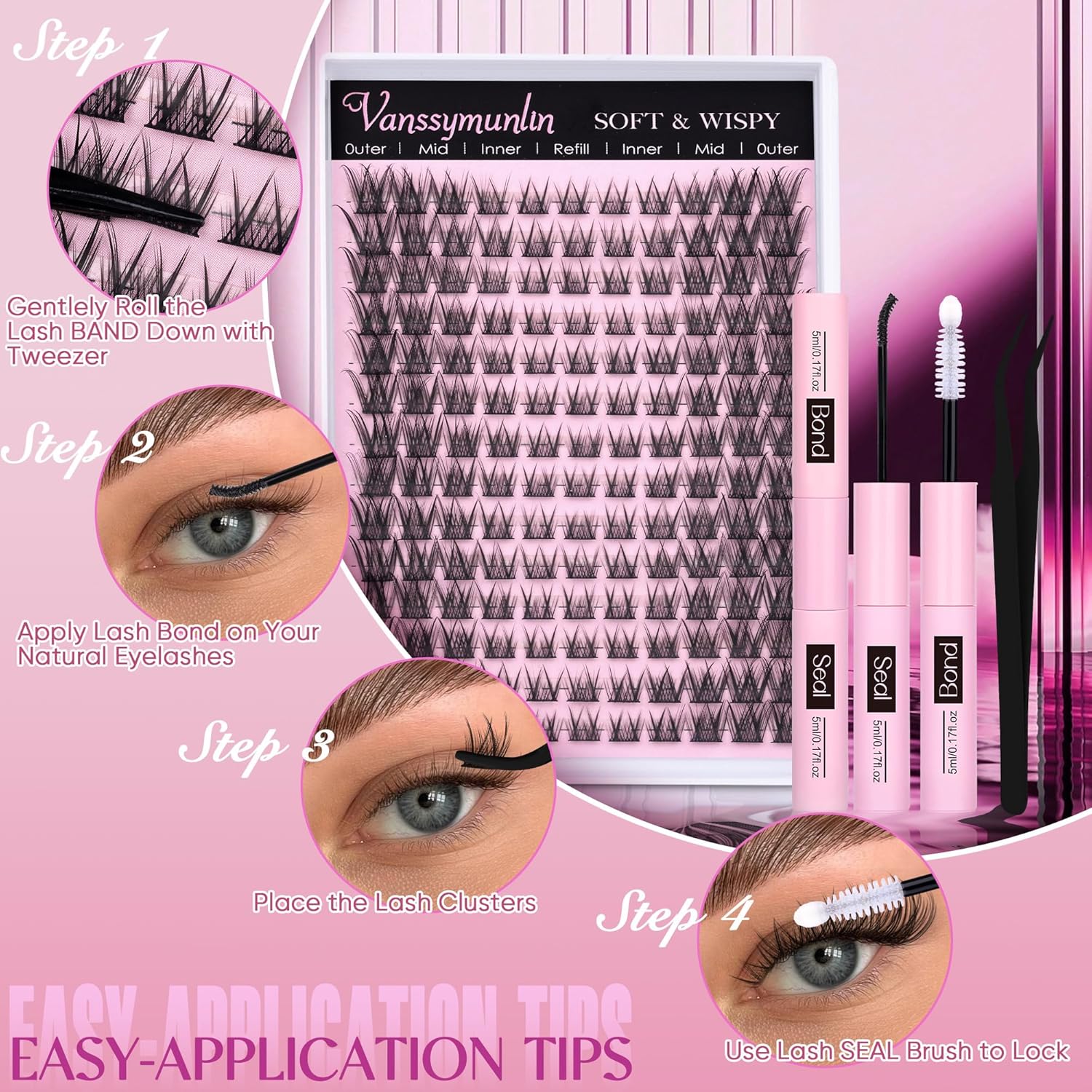 Wispy Lash Clusters Kit Cat Eye Lash Extension Kit 154pcs Cluster Eyelash Extensions Kit Individual Lashes Natural for False Eyelashes Clusters with Tweezers Lash Bond and Seal by Vanssymunlin - Image 7