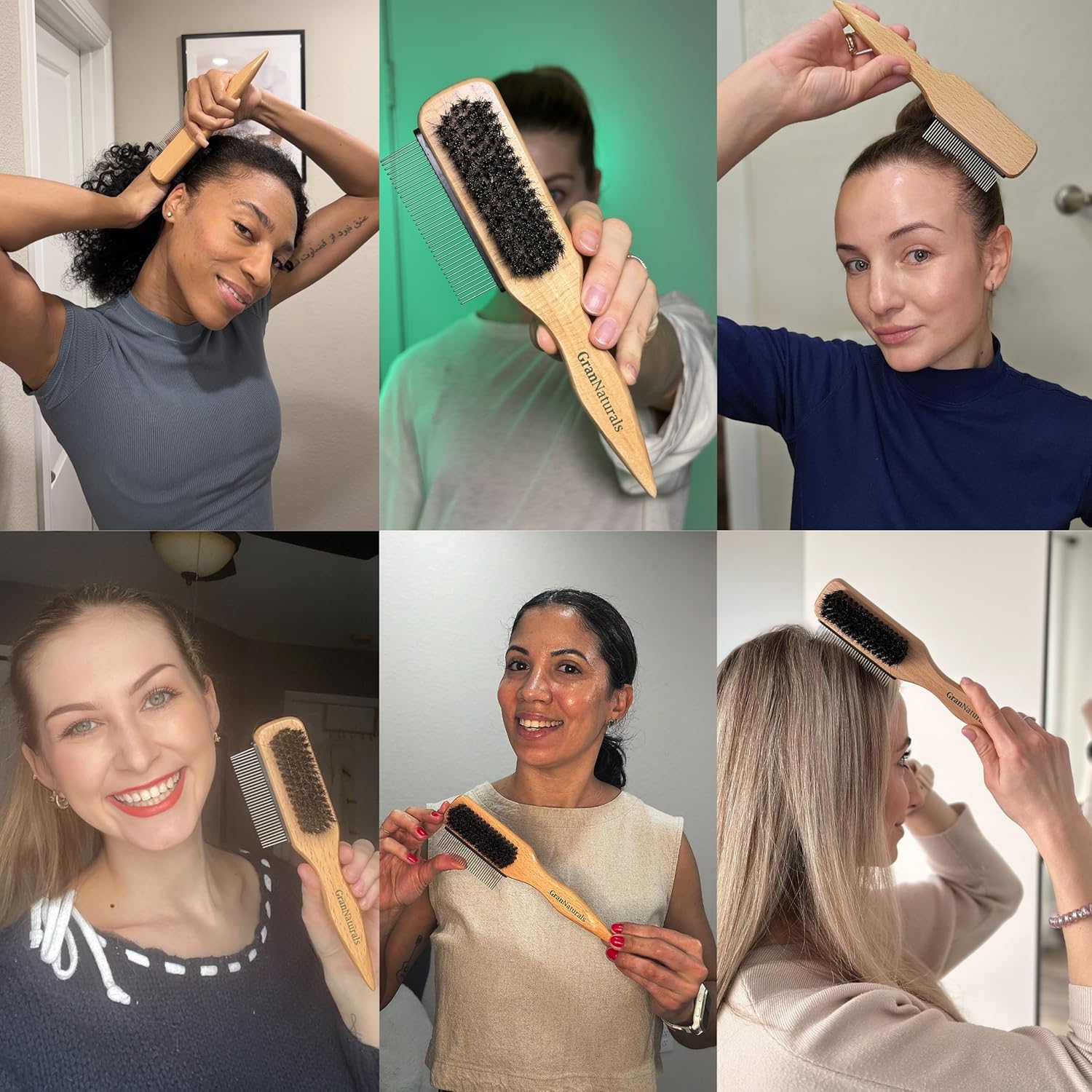 GranNaturals Boar Bristle Slick Back Hair Brush w/Comb for Smoothing Sleek Ponytail Bun - Wide Rat Tail & Metal Comb Hairbrush for Parting, Teasing, Backcombing, Sectioning, Edge Control, Flyaways - Image 9