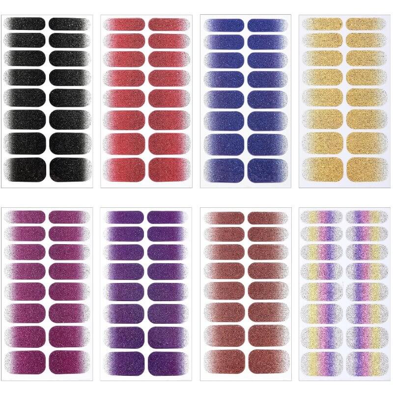 8 Sheets Gradient Glitter Nail Wraps Full Stickers Nail Polish Strips, DIY Self-Adhesive Fashion Color Nail Art Decals Party Women Decor with 1 Pcs Nail Files (128 Pieces) - Image 7