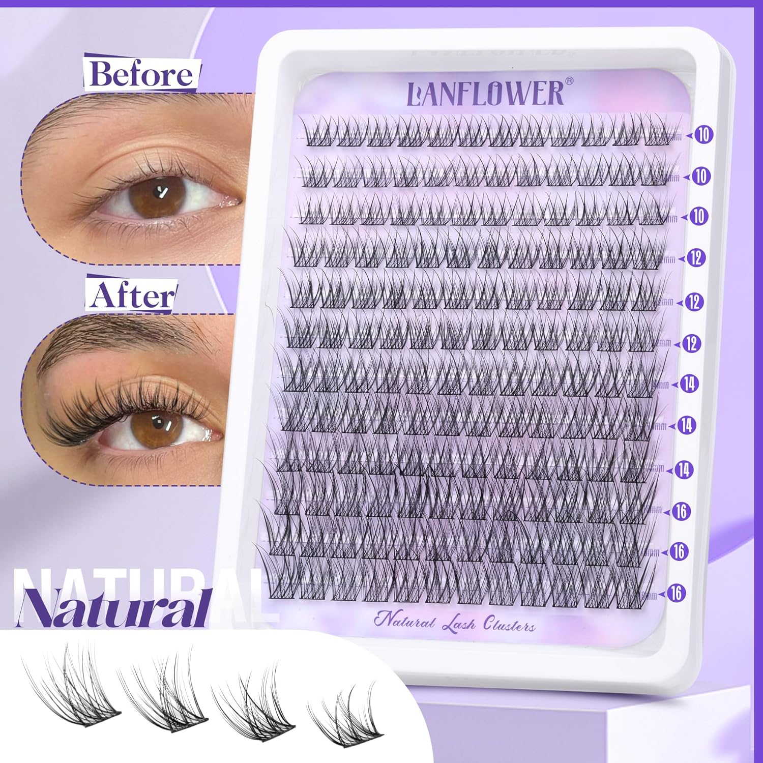 Natural Lash Clusters Kit Wispy Lash Extension Kit Waterproof Lash Clusters C Curved Cluster Eyelash Extensions Kit 144pcs Individual Lashes 10-16mm Eyelash Extension Kit by Lanflower - Image 2