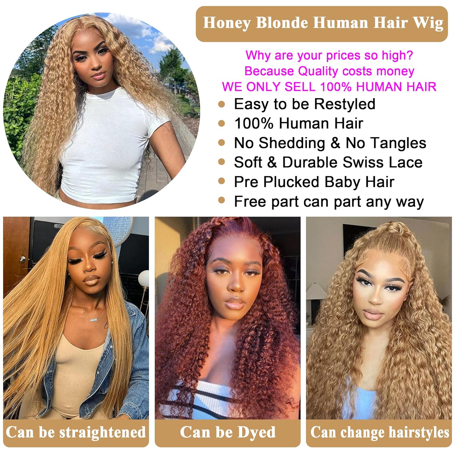 Honey Blonde Wig Human Hair, Deep Wave Lace Front Wigs Human Hair #27 Color Blonde Curly 13x6 Hd Lace Front Wigs Pre Plucked With Baby Hair Lace Frontal Wig 180% Density For Women(20inch) - Image 7