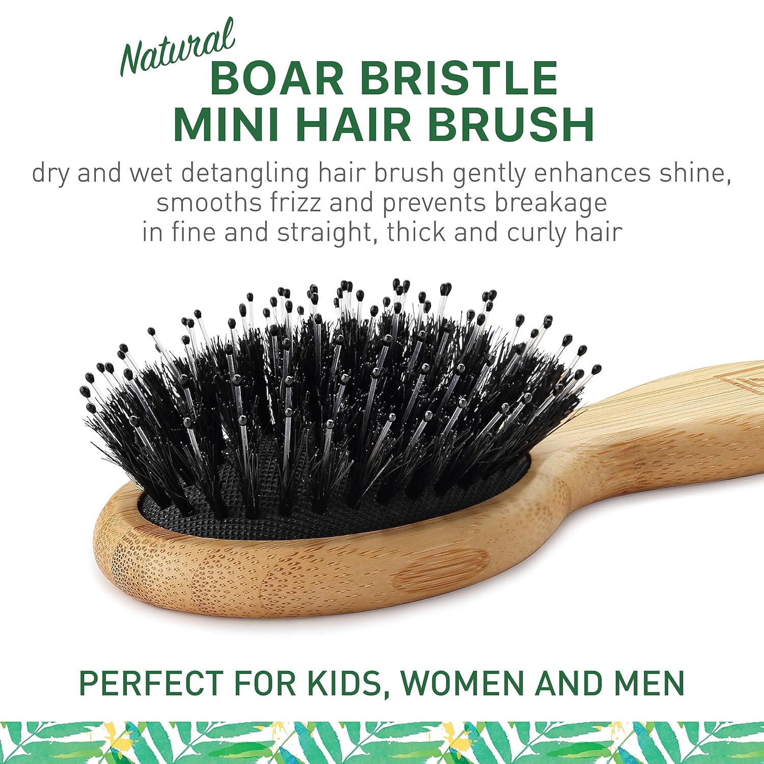 Natural Boar Bristle Hair Brush mini size, portable, easy carry for Women, Men, Kids; Dry and Wet Detangling Hair Brush Gently Enhances Shine, for Fine and Straight, Thick and Curly Hair - Image 2