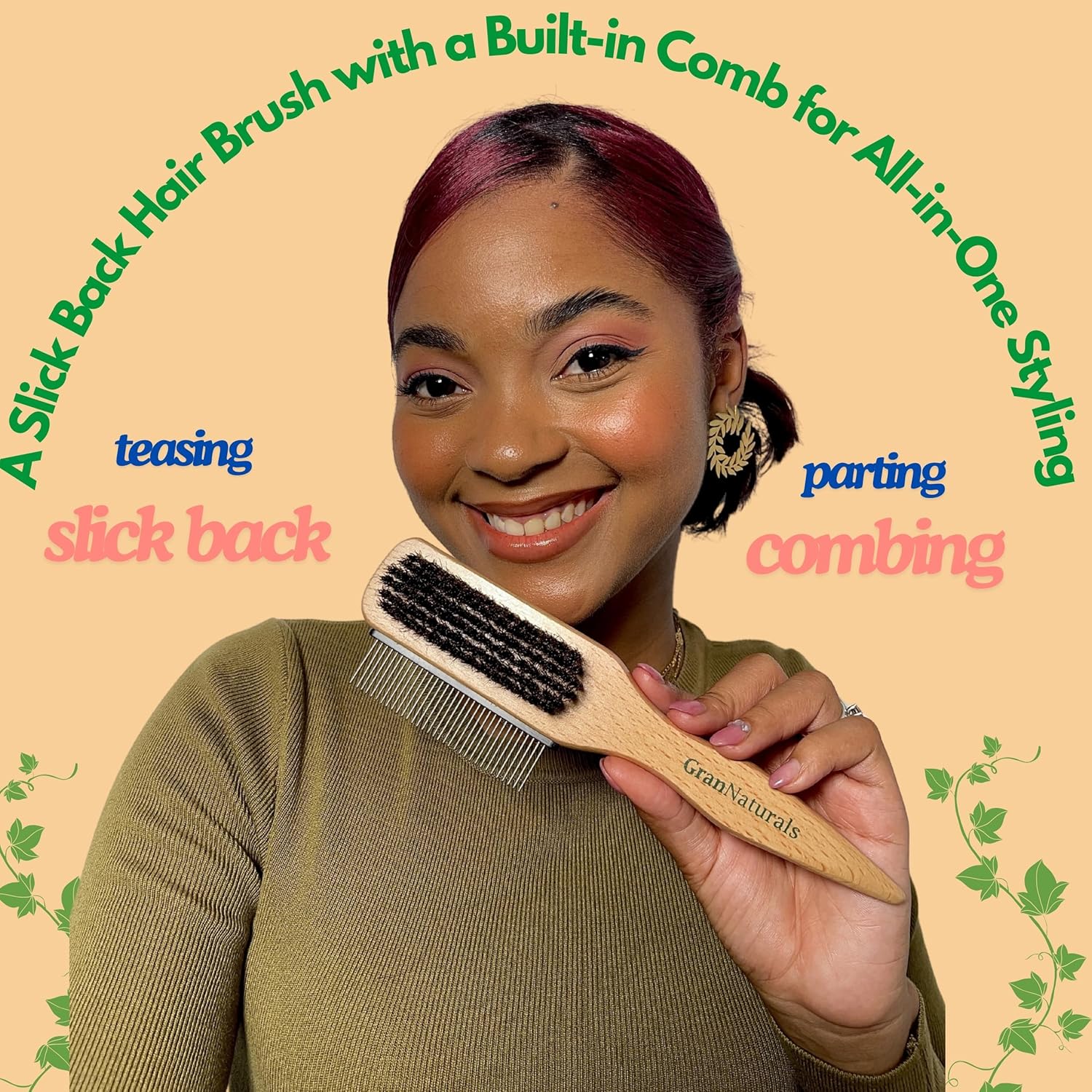 GranNaturals Boar Bristle Slick Back Hair Brush w/Comb for Smoothing Sleek Ponytail Bun - Wide Rat Tail & Metal Comb Hairbrush for Parting, Teasing, Backcombing, Sectioning, Edge Control, Flyaways - Image 2