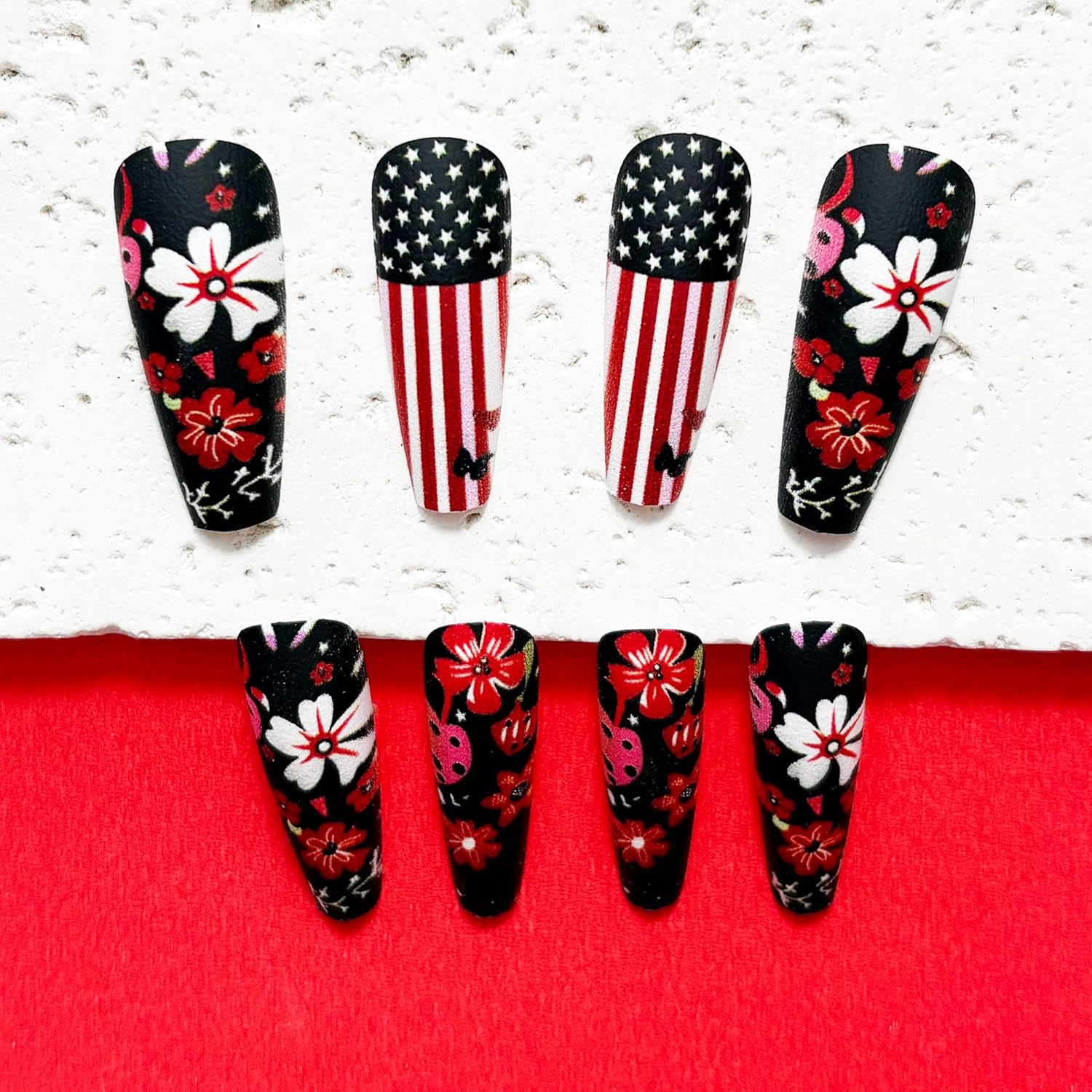 Flower 4th of July Press on Nails Long Coffin Fake Nails American Flag Striped Stars with Black Designs Patriotic False Nails Full Cover Independence Day Press Ones Nails for Women Manicure 24PCS - Image 2