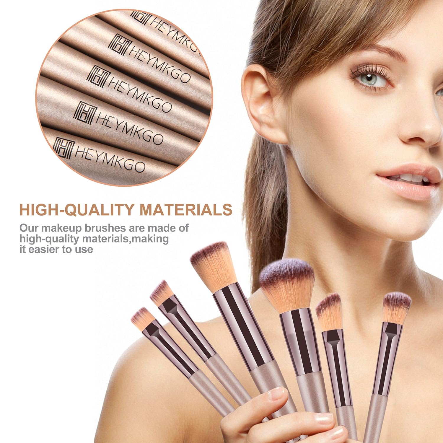 HEYMKGO Makeup Brushes 15PCS Champagne Gold Professional Makeup Brush Set Foundation Brush Blending Powder Blush Concealer Eye Make Up Brush with Bag - Image 3