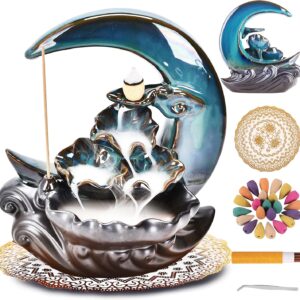 New Moon Backflow Incense Holder, Ceramic Hand-Made Incense Fountain Burner with 100 Backflow Incense Cones，Fragrance Incense Stick，Mat，Aromatherapy Home Decoration