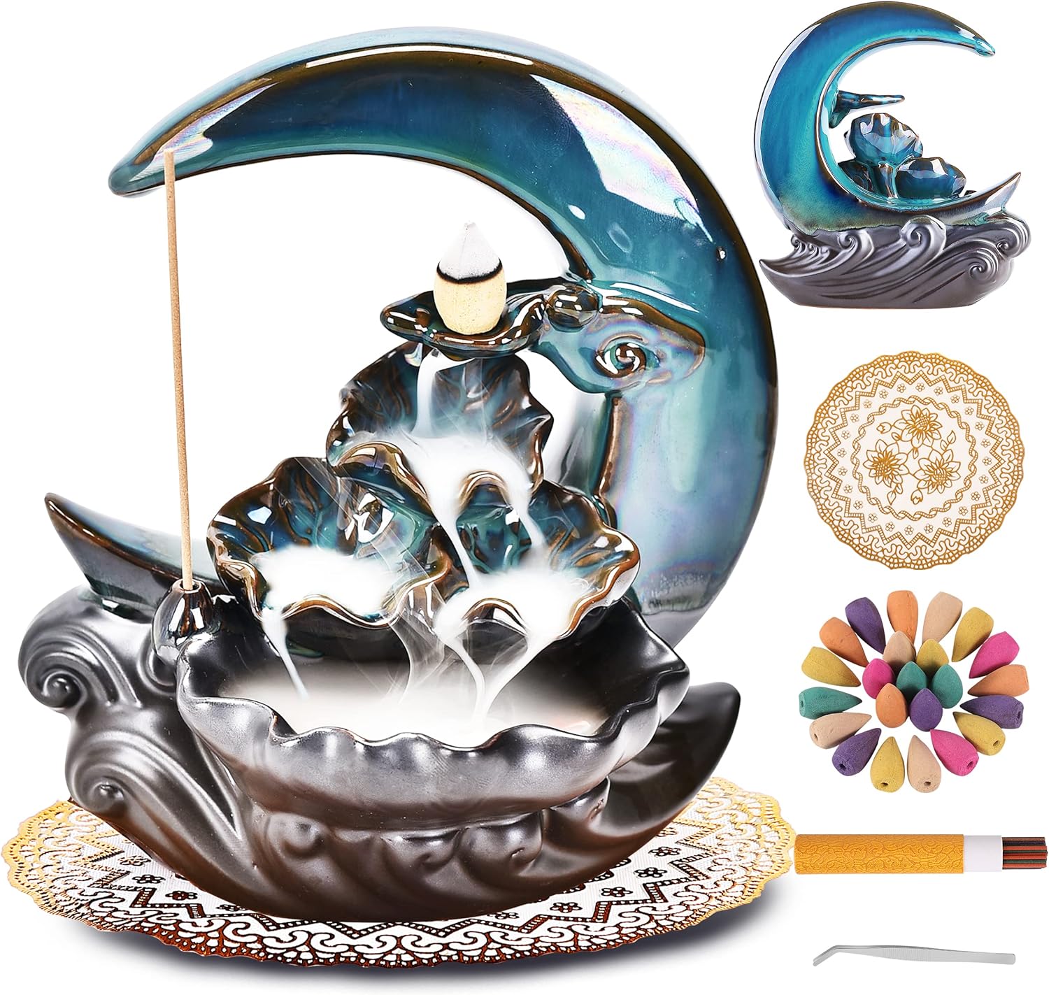 New Moon Backflow Incense Holder, Ceramic Hand-Made Incense Fountain Burner with 100 Backflow Incense Cones,Fragrance Incense Stick,Mat,Aromatherapy Home Decoration