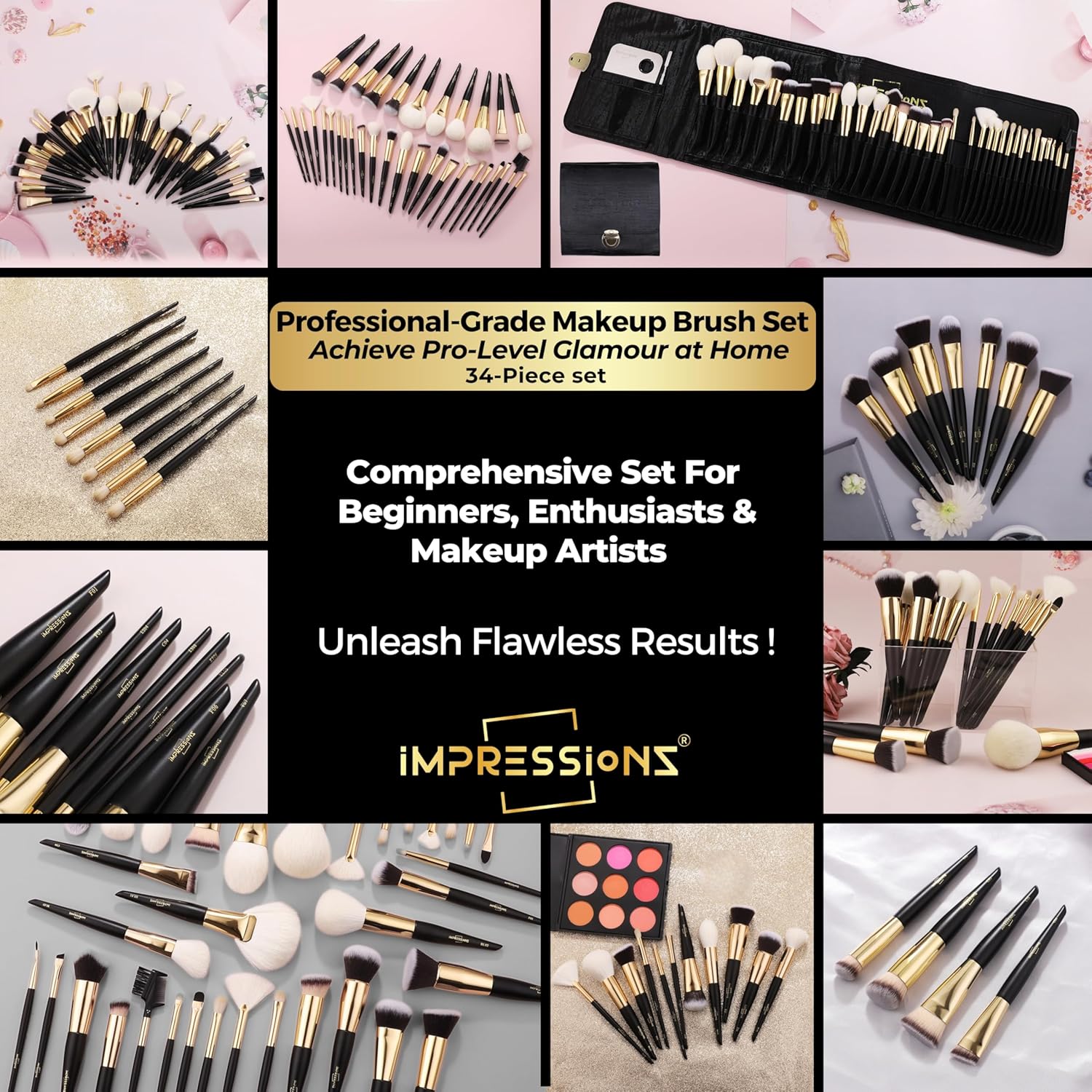 ImpressionZ 34Pcs Luxury Full Makeup Brush Set with Travel Bag | Cruelty-Free Synthetic & XGF Bristles Foundation, Blending, Face Powder, Concealers, Eyeshadows & Blush Makeup Brushes | Bliss Gift Set - Image 2