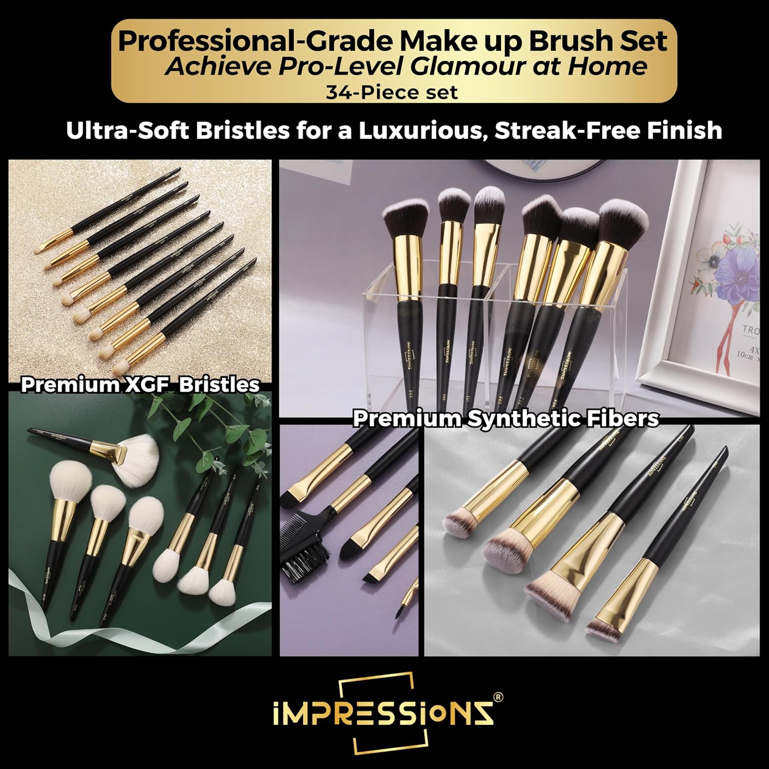 ImpressionZ 34Pcs Luxury Full Makeup Brush Set with Travel Bag | Cruelty-Free Synthetic & XGF Bristles Foundation, Blending, Face Powder, Concealers, Eyeshadows & Blush Makeup Brushes | Bliss Gift Set - Image 3