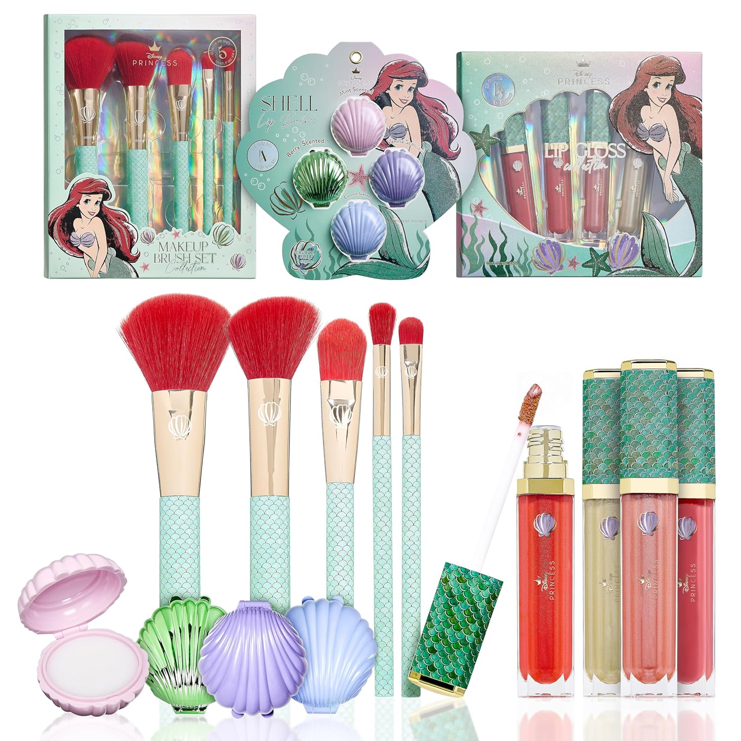 Disney Belle Maison Cosmetic Makeup Set, Makeup Essential, Princess Ariel - Includes 5pc Makeup Brush, 4pc Lip Gloss, 4pc Lip Balm