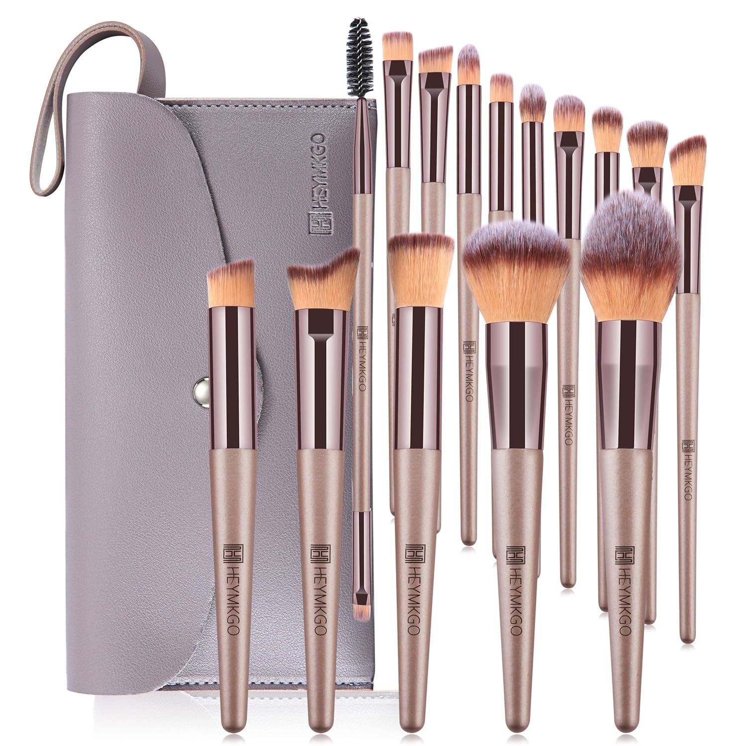 HEYMKGO Makeup Brushes 15PCS Champagne Gold Professional Makeup Brush Set Foundation Brush Blending Powder Blush Concealer Eye Make Up Brush with Bag - Image 8