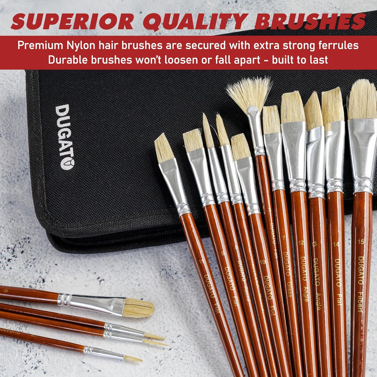 DUGATO Artist Paint Brush Set (15pc) - Hog Bristle Brushes for Oil, Acrylic, Gouache, Watercolor - Includes Pop-Up Case, Palette Knife & Sponges - Professional Art Supplies - Image 4