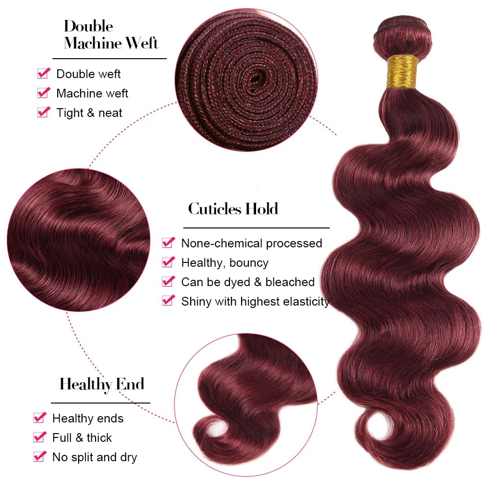 #99J Burgundy Bundles Human Hair Wine Red Body Wave Bundles 20 22 24 Inch Unprocessed Brazilian Virgin Hair 3 Bundle 50 Gram Per Bundle Deals Quick Weave Hair Extensions - Image 3
