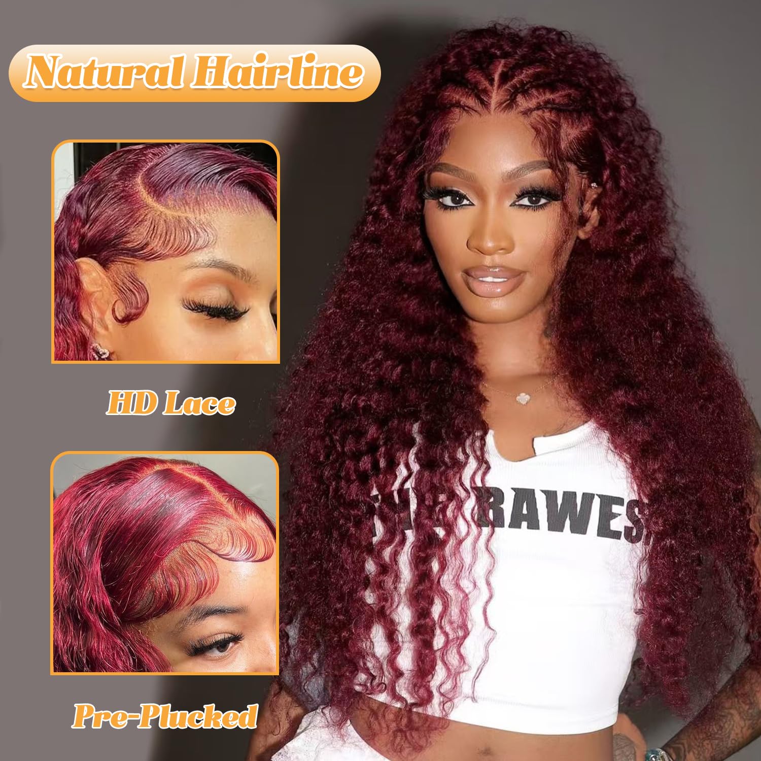 99j Burgundy Lace Front Wigs Human Hair 28 Inch Deep Wave Lace Front Wigs Human Hair Pre Plucked Red Curly Human Hair Wig 13x4 HD Colored Frontal Glueless Wet and Wavy Loose Deep Wave - Image 7