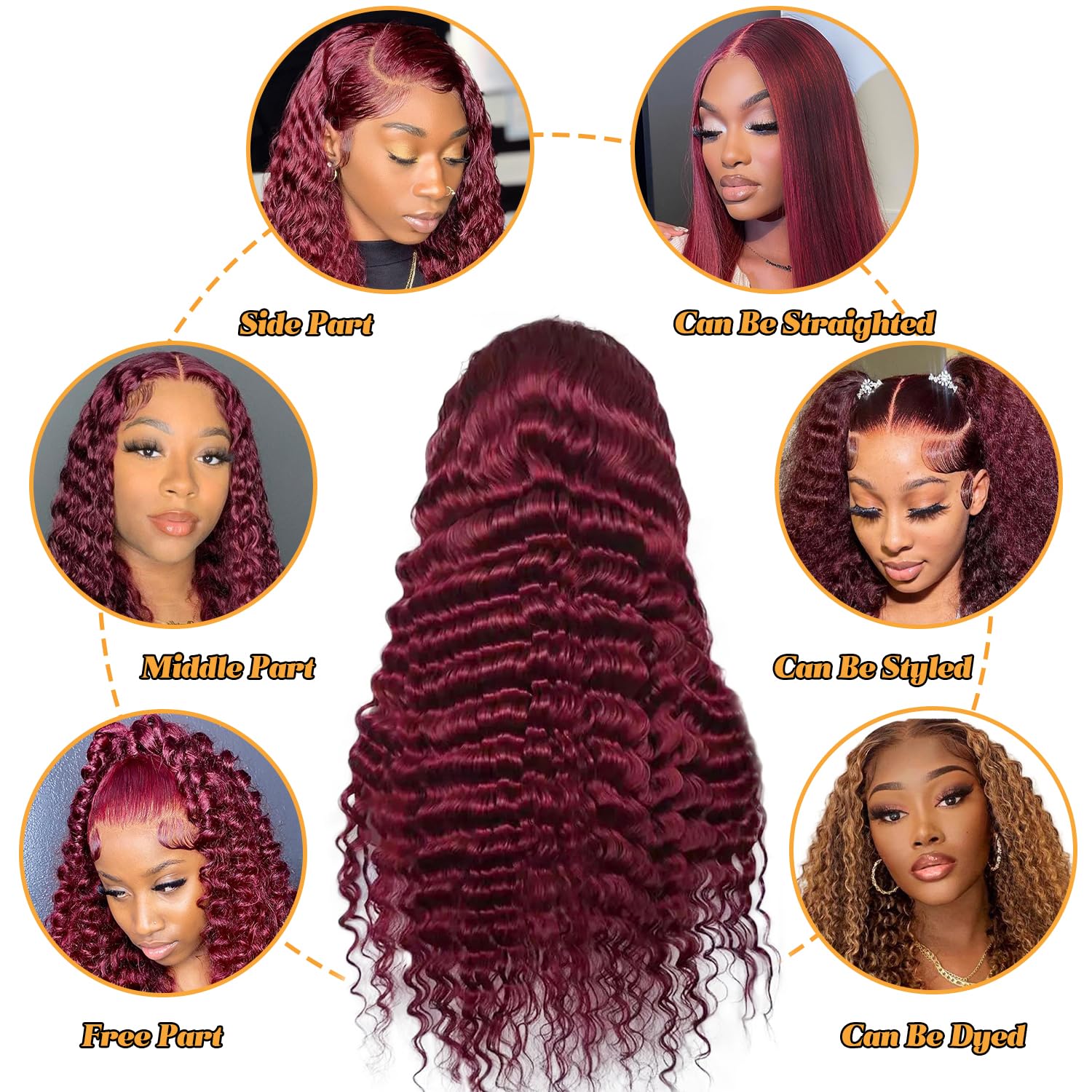 99j Burgundy Lace Front Wigs Human Hair 28 Inch Deep Wave Lace Front Wigs Human Hair Pre Plucked Red Curly Human Hair Wig 13x4 HD Colored Frontal Glueless Wet and Wavy Loose Deep Wave - Image 4
