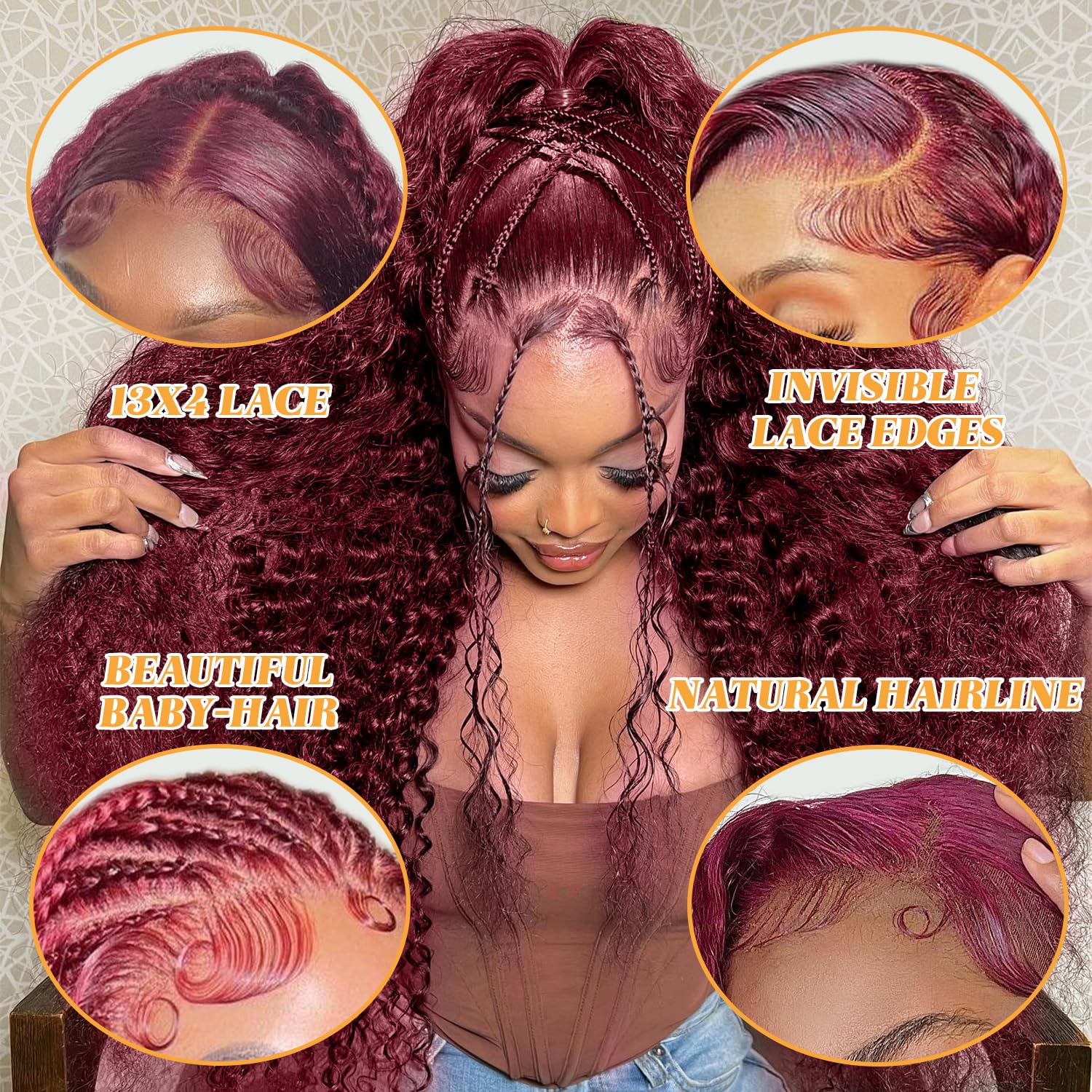 99j Burgundy Lace Front Wigs Human Hair 28 Inch Deep Wave Lace Front Wigs Human Hair Pre Plucked Red Curly Human Hair Wig 13x4 HD Colored Frontal Glueless Wet and Wavy Loose Deep Wave - Image 3