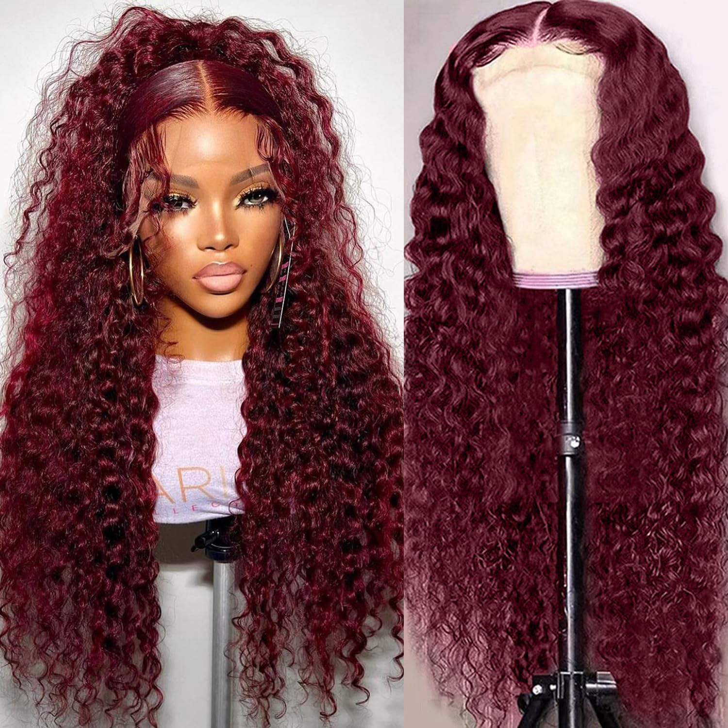 99j Burgundy Lace Front Wigs Human Hair 28 Inch Deep Wave Lace Front Wigs Human Hair Pre Plucked Red Curly Human Hair Wig 13x4 HD Colored Frontal Glueless Wet and Wavy Loose Deep Wave - Image 2