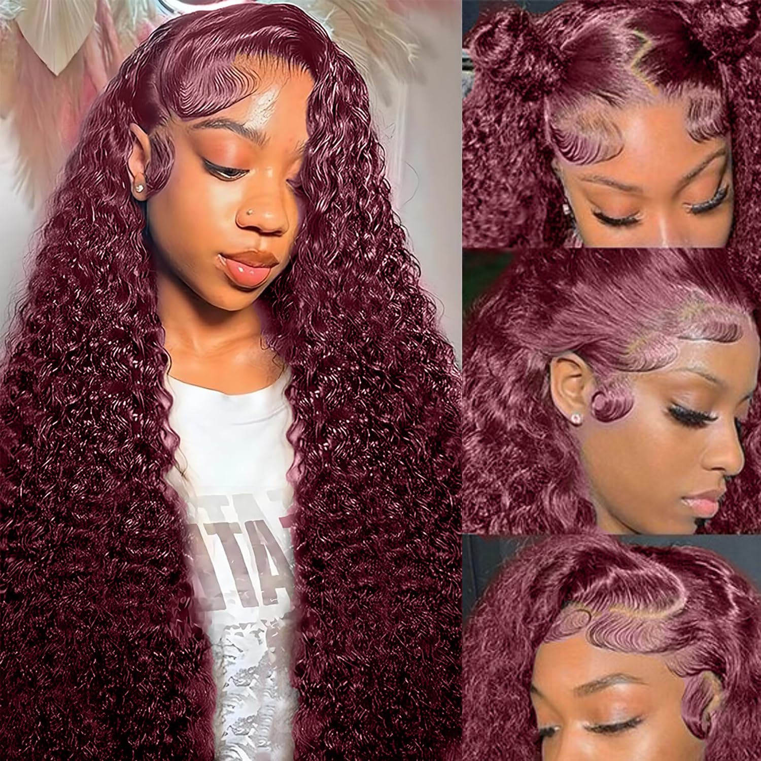 99j Burgundy Lace Front Wigs Human Hair 28 Inch Deep Wave Lace Front Wigs Human Hair Pre Plucked Red Curly Human Hair Wig 13x4 HD Colored Frontal Glueless Wet and Wavy Loose Deep Wave - Image 9
