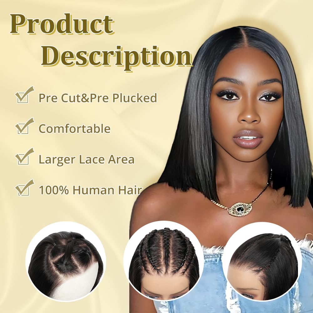 9x6 Bob Wig Human Hair Glueless Wigs Human Hair Pre Plucked Pre Cut HD Lace Front Glueless Wigs Human Hair 200% Density Short Straight Bob Wigs for Black Women 12 inch - Image 4