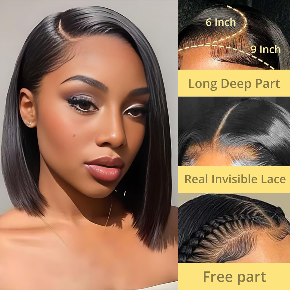 9x6 Bob Wig Human Hair Glueless Wigs Human Hair Pre Plucked Pre Cut HD Lace Front Glueless Wigs Human Hair 200% Density Short Straight Bob Wigs for Black Women 12 inch - Image 2