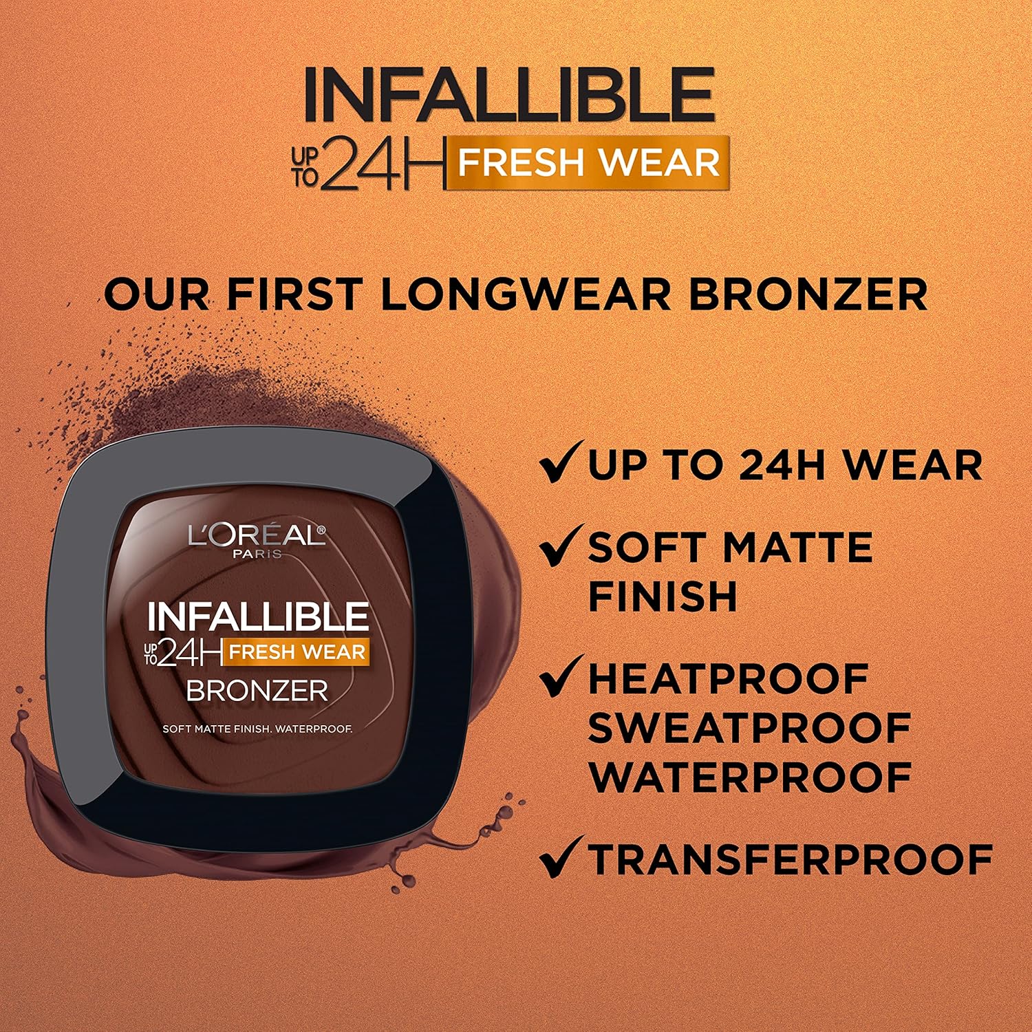 L'Oreal Paris Infallible Up to 24H Fresh Wear Soft Matte Longwear Bronzer. Waterproof, heatproof, Transfer, humidity and sweatproof, Light Medium, 0.31 oz - Image 6
