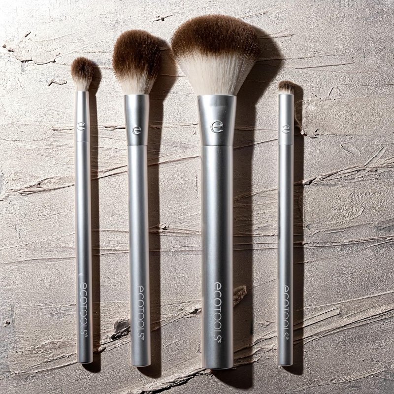 EcoTools Precious Metals Cheek & Eye Highlight Makeup Brush Kit, for Eyeshadow, Blush, & Powder Products, Eco Friendly, Cruelty Free Face Brushes, Recycled Aluminum, Chrome, 4 Piece Set - Image 7