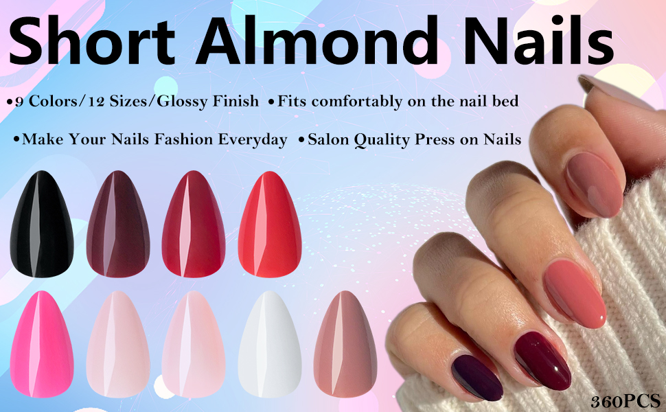 press on nails short, short almond nails, short press on almond nails, black nails, red fake nails