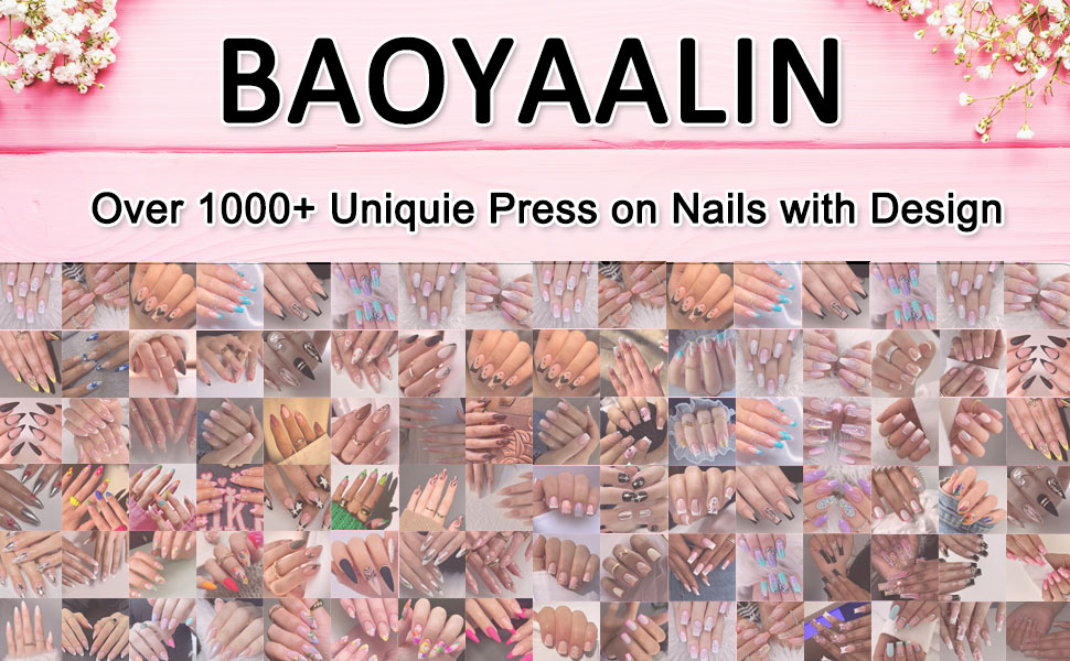 BAOYAALIN Over 1000+ Uniquie Press on Nails Medium Long Coffin Fake Nail with Design Girl Women