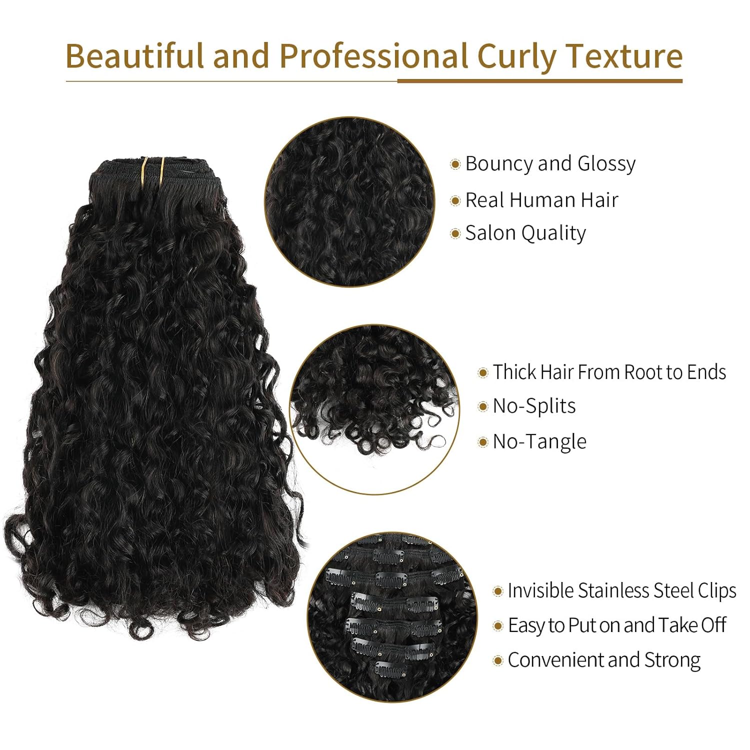 ABH AMAZINGBEAUTY HAIR Curly Clip in Hair Extensions Black Women Spiral Curl Human Hair Clip in Extensions Double Weft Curly Hair Extensions Natural Black Virgin Hair 7Pcs 120G 22 Inch - Image 2