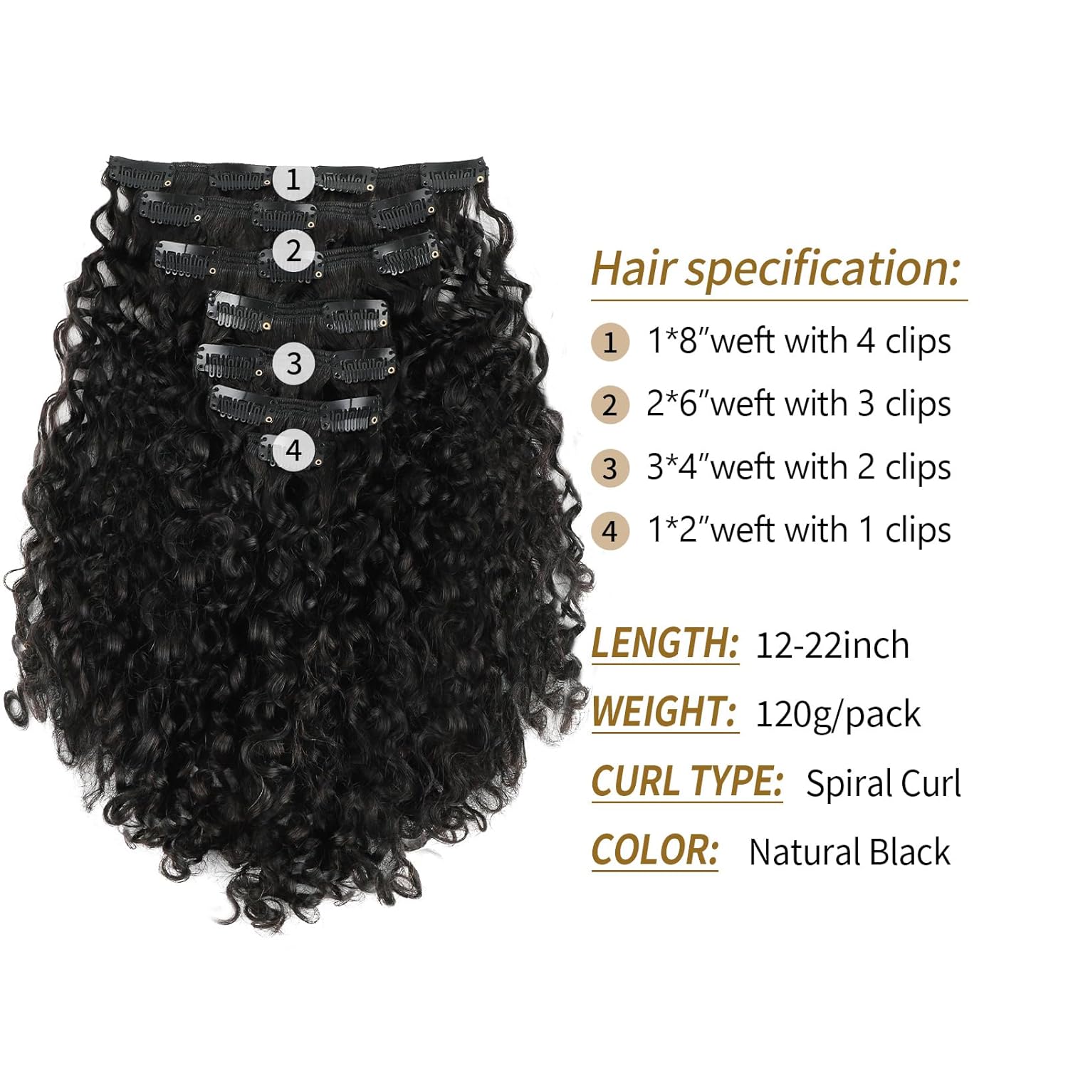 ABH AMAZINGBEAUTY HAIR Curly Clip in Hair Extensions Black Women Spiral Curl Human Hair Clip in Extensions Double Weft Curly Hair Extensions Natural Black Virgin Hair 7Pcs 120G 22 Inch - Image 3