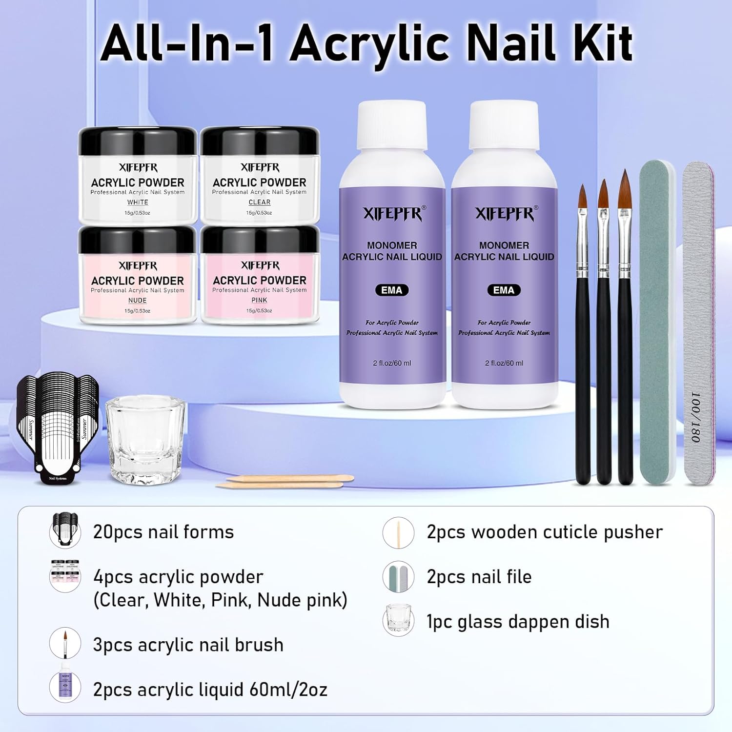 Acrylic Nail Kit - Clear Pink White Nude Powder & Liquid Monomer Set with Brush, Nail Forms, Extension Kit for Beginners with Everything for Home DIY - Image 2