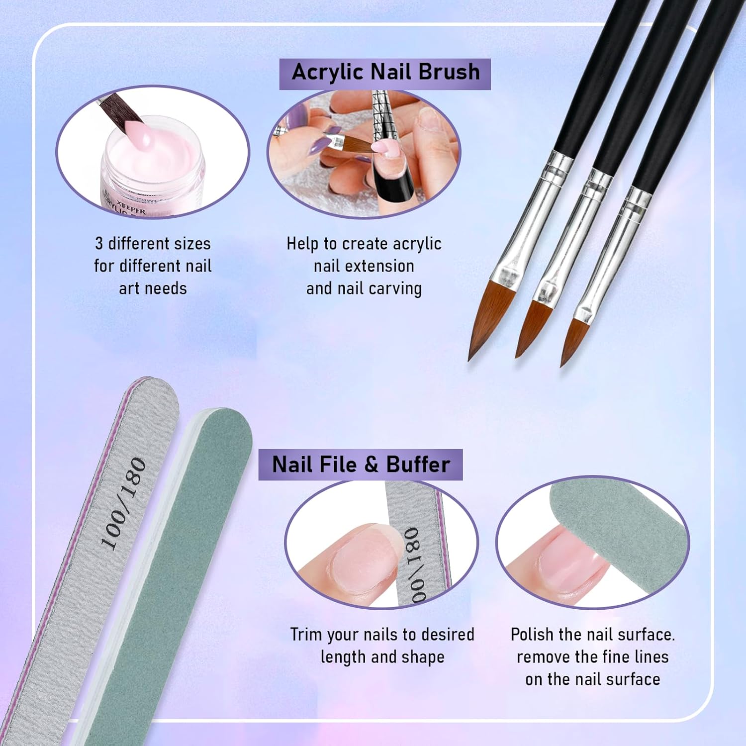 Acrylic Nail Kit - Clear Pink White Nude Powder & Liquid Monomer Set with Brush, Nail Forms, Extension Kit for Beginners with Everything for Home DIY - Image 6