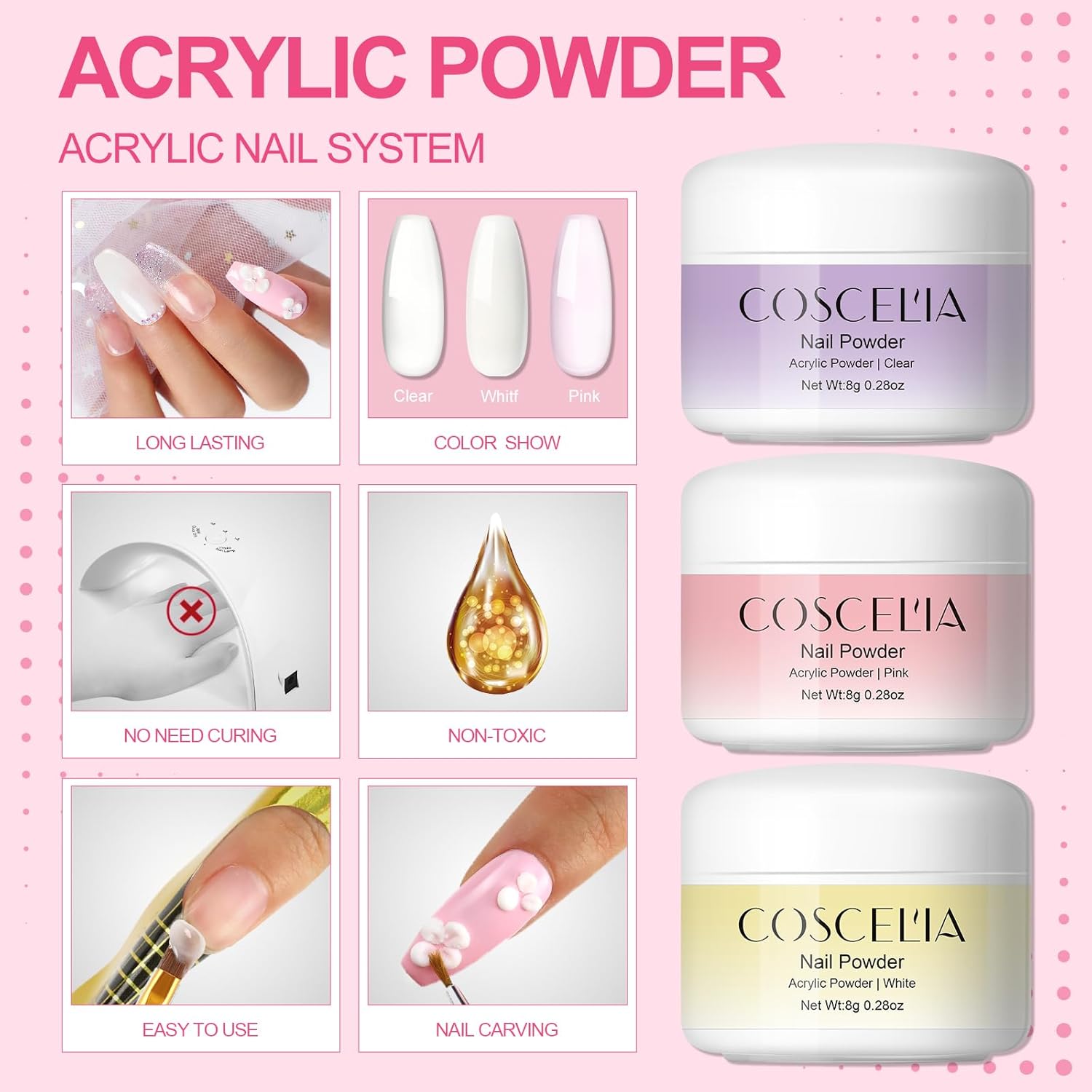 Acrylic Nail Kit for Beginners with Everything 3pc Acrylics Powder 6pcs Gel Nail Polish 18pcs Glitter Decoration Powder Professional Nails Kit Acrylic Set with U V Light and Drill Gifts for Women - Image 8