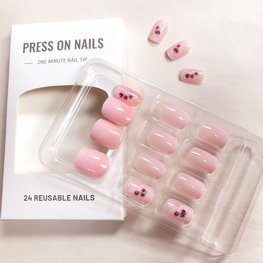Acrylic Press on Nails Short Square Fake Nails White Ombre Glue on Nails Short False Nails with Flower Gloss Designs Nails Press on Artificial Nails Stick on Nails for Women 24Pcs - Image 7